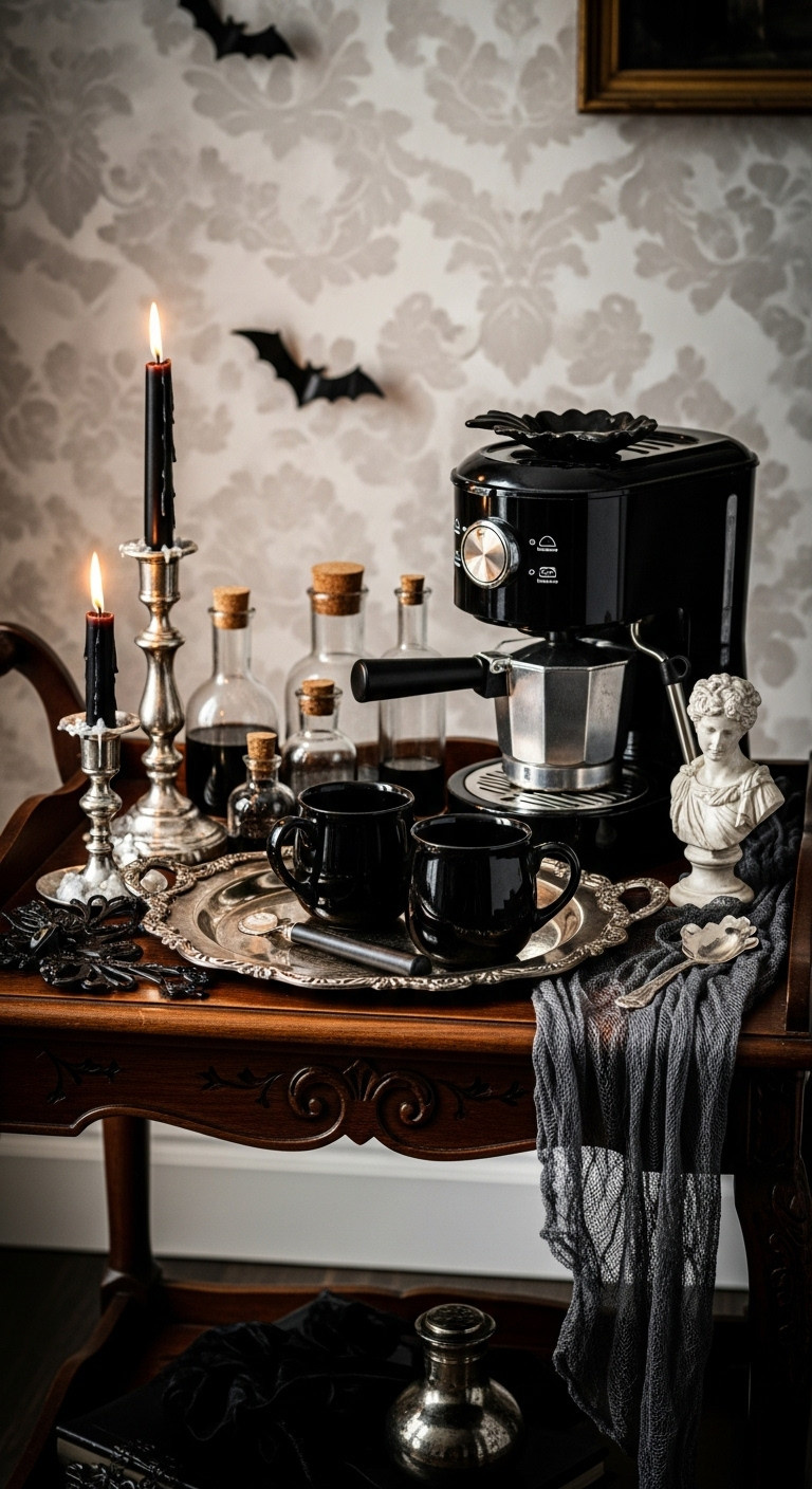 Hyperrealistic vintage gothic Halloween coffee bar decor with dark wood cart espresso maker antique tray potion bottles and bust statue