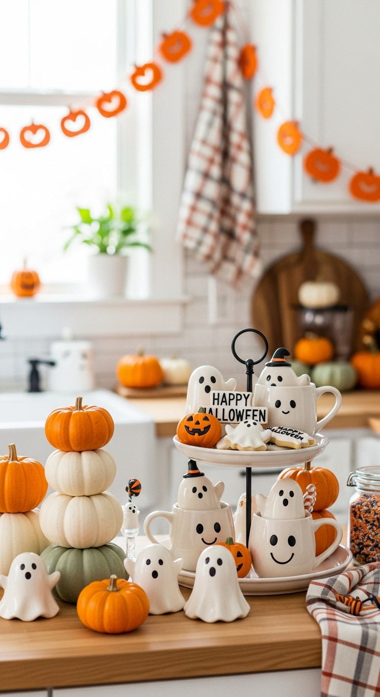 Hyperrealistic whimsical ghost and pumpkin patch Halloween coffee bar decor with mini pumpkins smiling ghost figurines and themed mugs