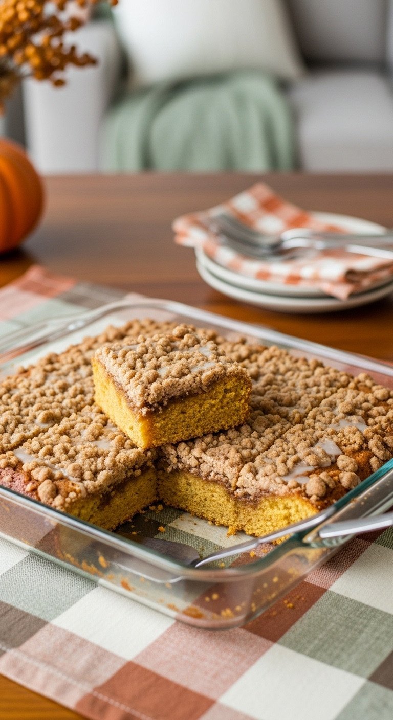 Hyperrealistic whole pumpkin coffee cake sliced into squares in a 9x13 baking dish with one piece lifted revealing moist interior