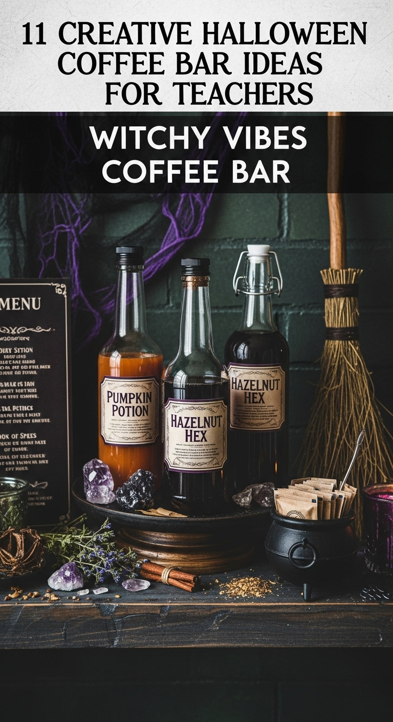 Hyperrealistic witchy Halloween coffee bar for teachers with potion bottles cauldron broomstick crystals and spell book menu