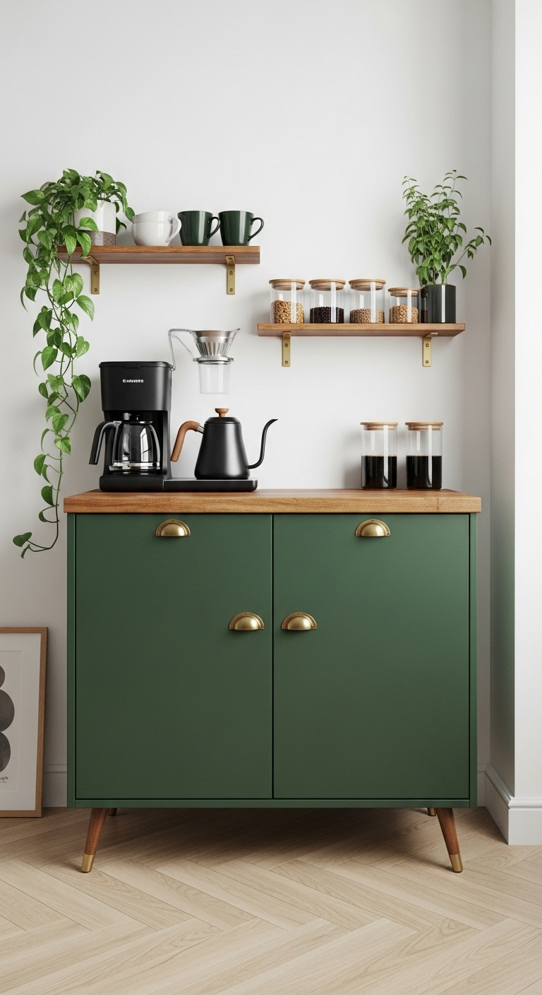 IKEA BESTÅ cabinet hack coffee station in forest green with brass hardware butcher block and floating shelves