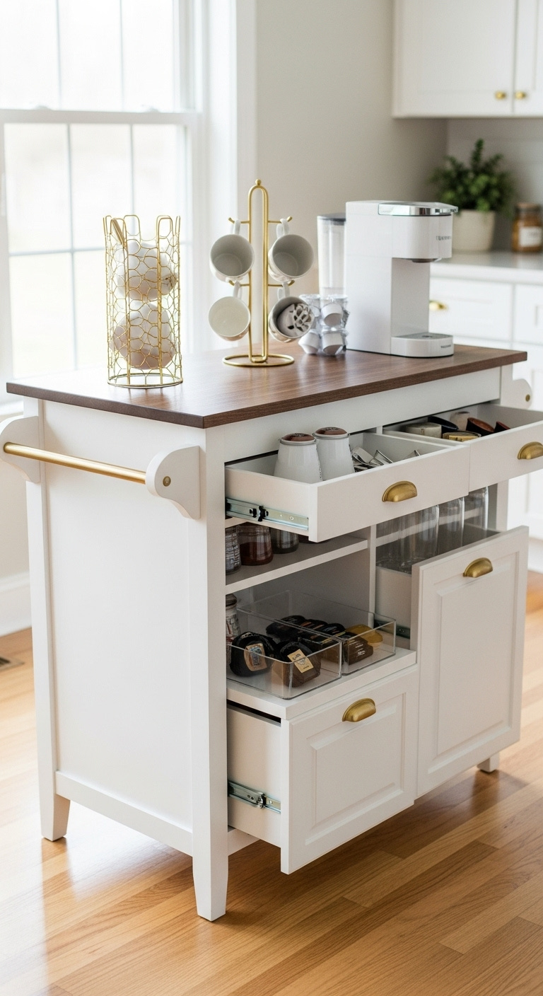 IKEA FÖRHÖJA kitchen cart hacked into a stylish coffee bar with dark walnut top white body and gold hardware