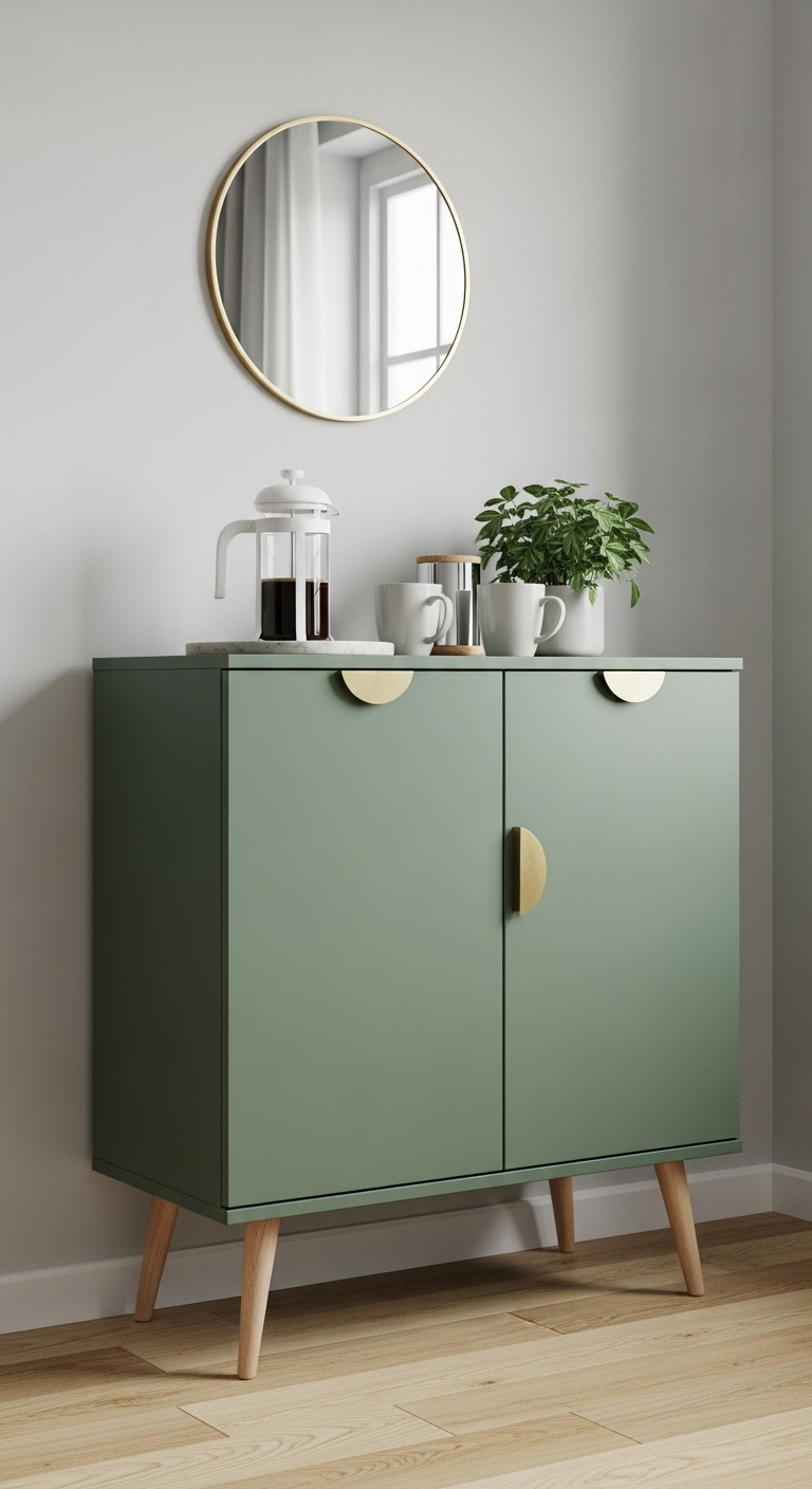 IKEA IVAR cabinet painted deep sage green with brass half-moon pulls and wooden legs styled as a coffee station