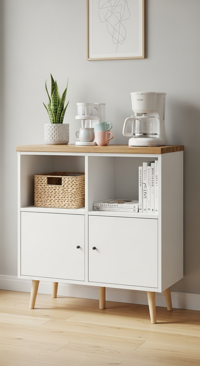 IKEA KALLAX hack coffee bar with butcher block top white drip coffee maker and pastel mugs in a Scandinavian setting