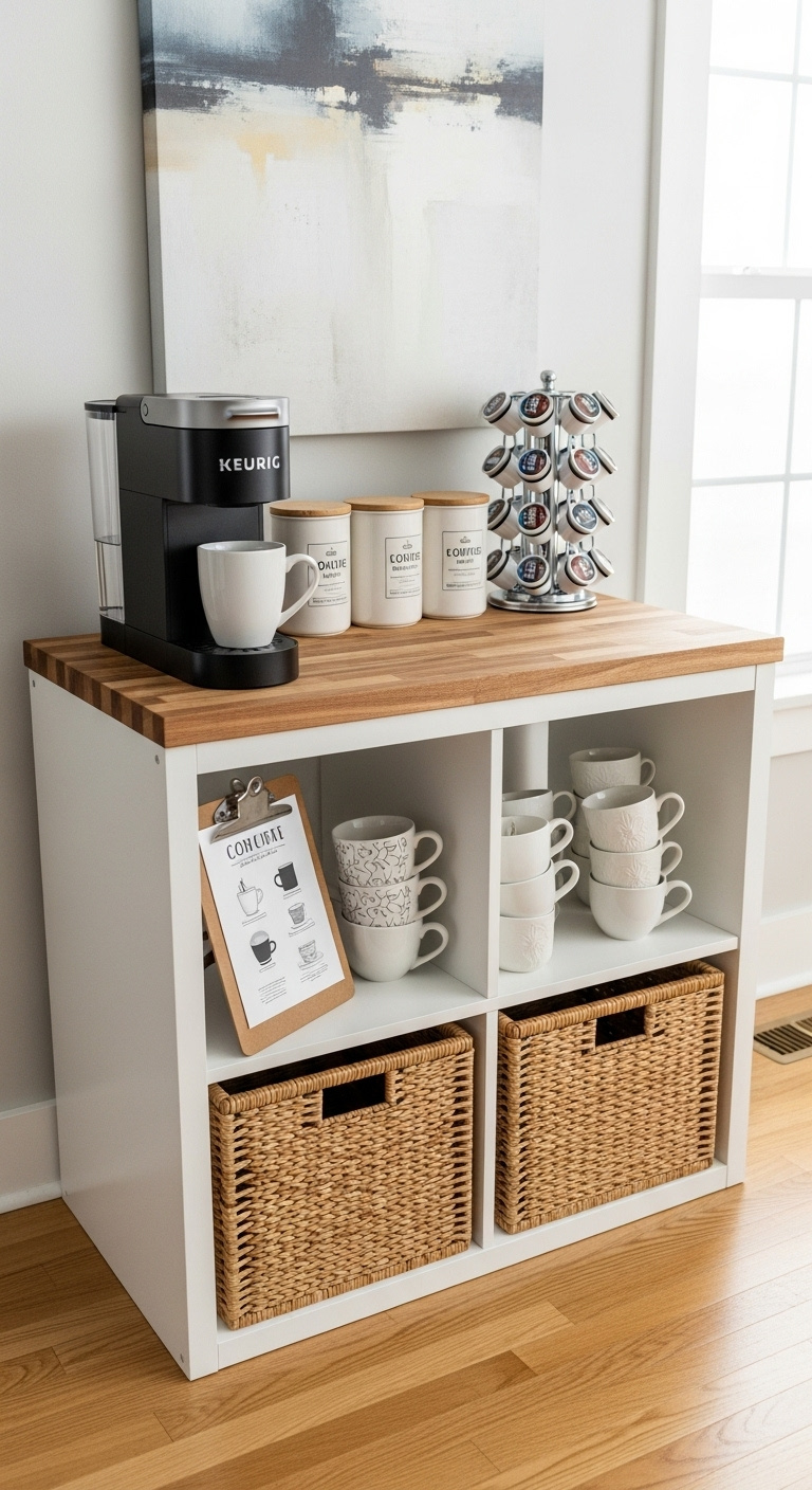 IKEA KALLAX shelf unit with a butcher block countertop transformed into a coffee bar with a Keurig machine and K-cups