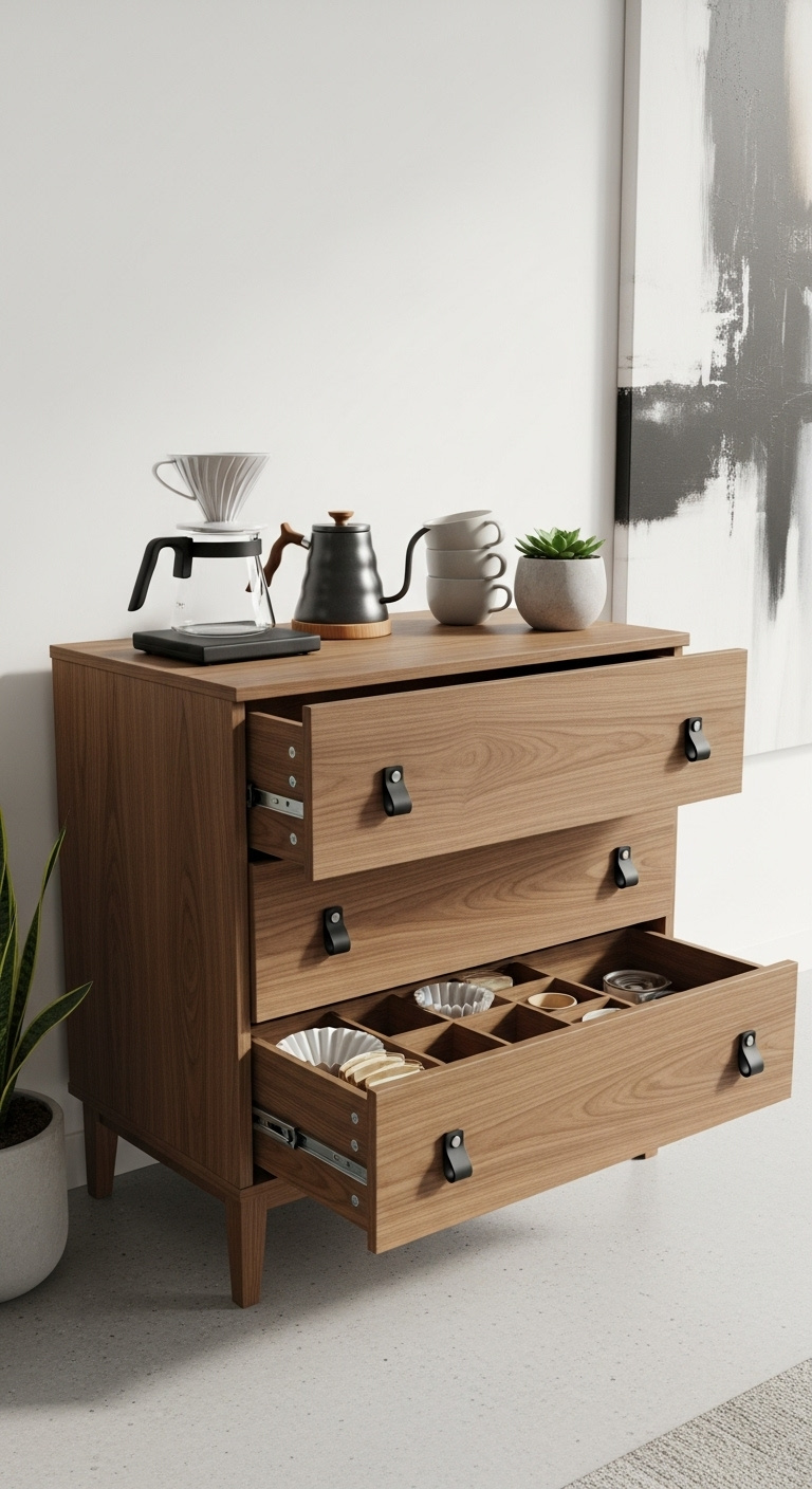 IKEA RAST dresser hacked into a minimalist coffee station with pour over setup kettle and mugs on a concrete floor