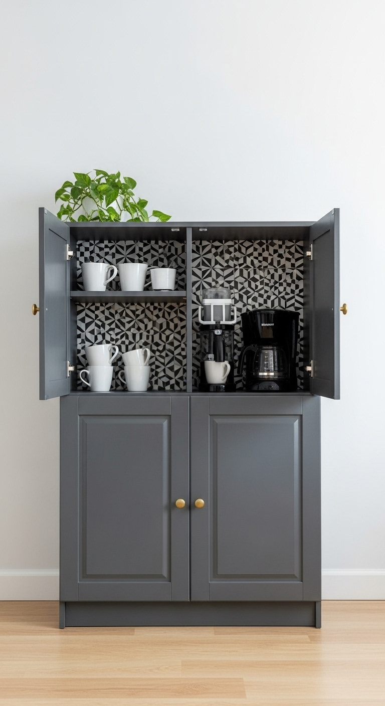 IKEA cabinet transformed into a chic coffee bar painted charcoal gray with brass knobs geometric tile backsplash and coffee maker