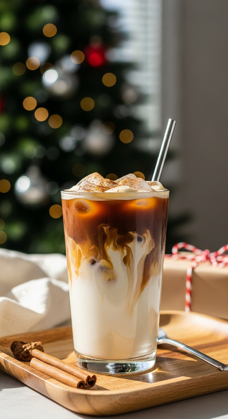 Iced Christmas Morning Breve with white chocolate, creamy coffee, and spiced chai on a wooden tray with a Christmas tree