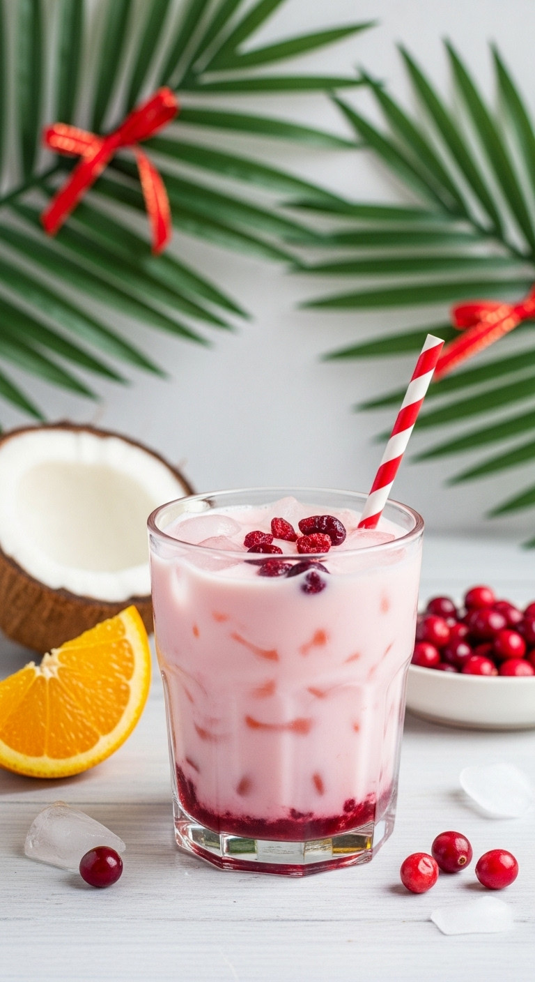 Iced Cran-Merry Drink with Coconut Milk, freeze-dried cranberries, half-coconut, and fresh cranberries on a wooden surface