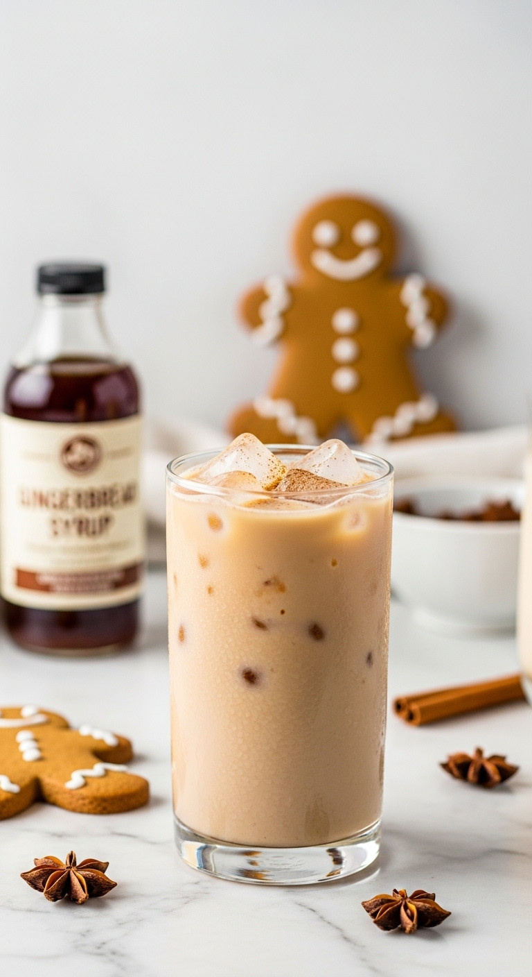 Iced Gingerbread Oatmilk Chai with cinnamon, gingerbread cookie, gingerbread syrup, and star anise on a white marble countertop