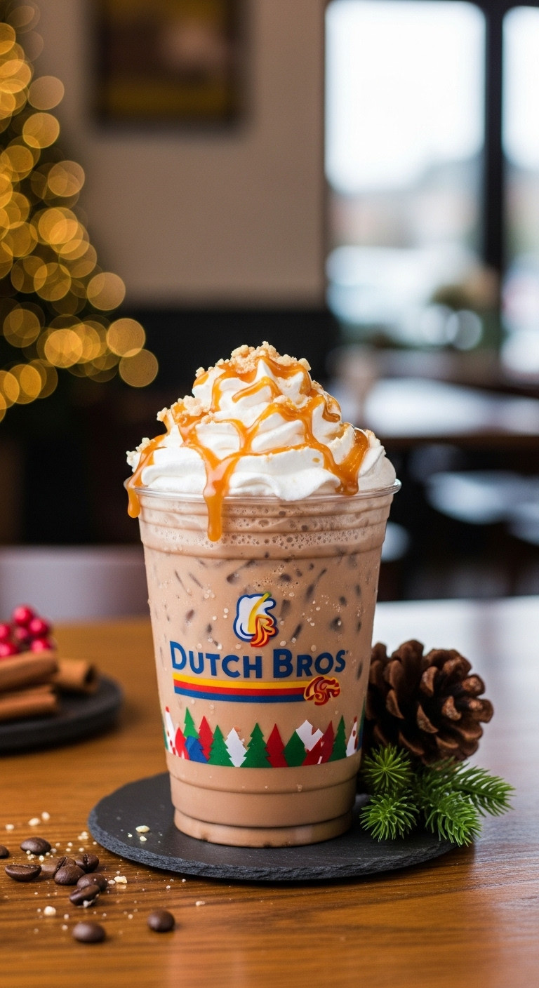 Iced Hazelnut Truffle Mocha with Soft Top and caramel drizzle on a rustic wooden table in a Christmas coffee shop
