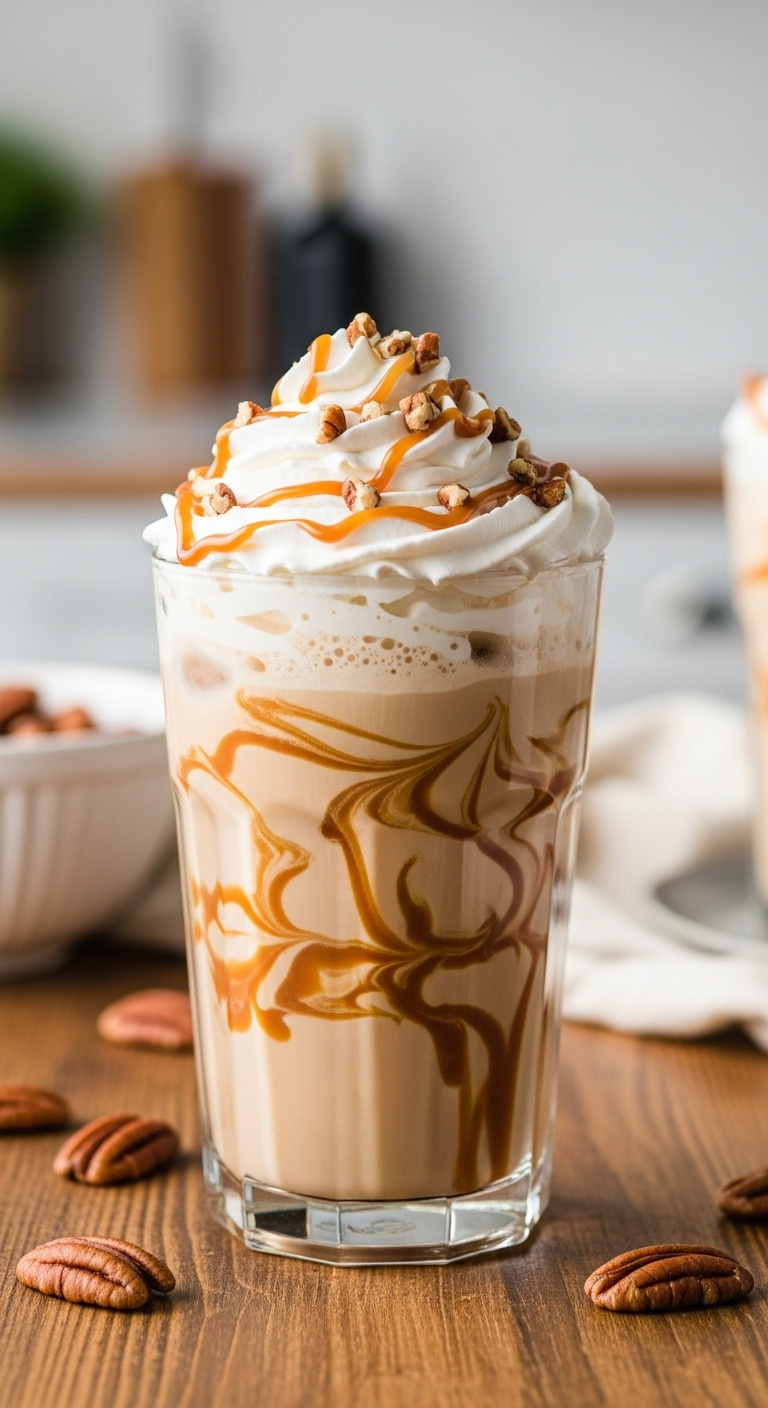 Iced Pecan Pie Breve with caramel swirls, whipped cream, and scattered pecans on a rustic wooden table