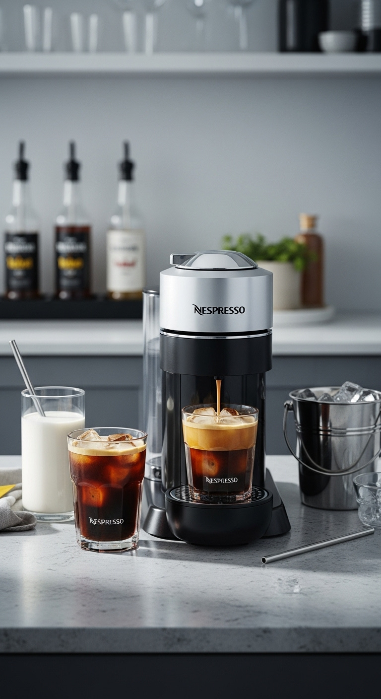 Iced coffee Nespresso home bar with Vertuo Next machine and iced tumbler on granite countertop