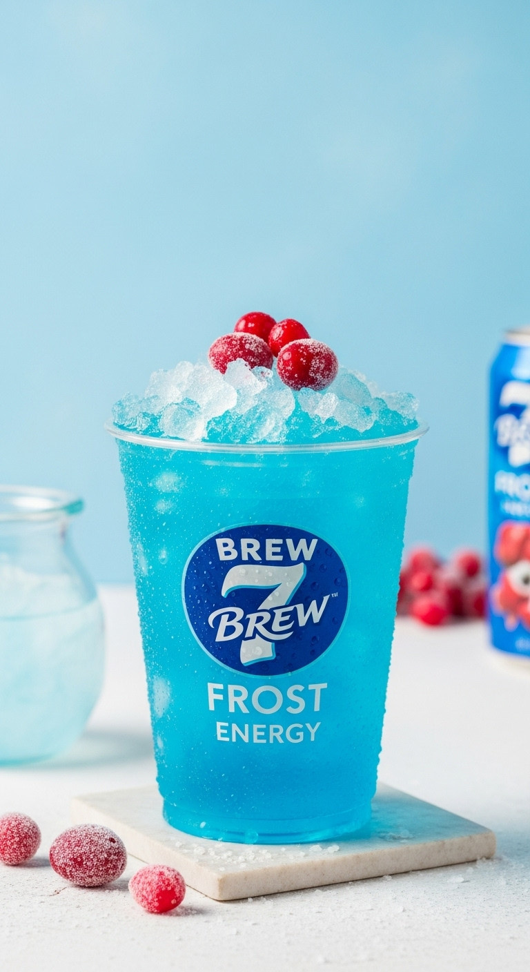 Icy Brew Frost 7 Energy drink with crushed ice and frosted cranberries on a white, snow-like surface