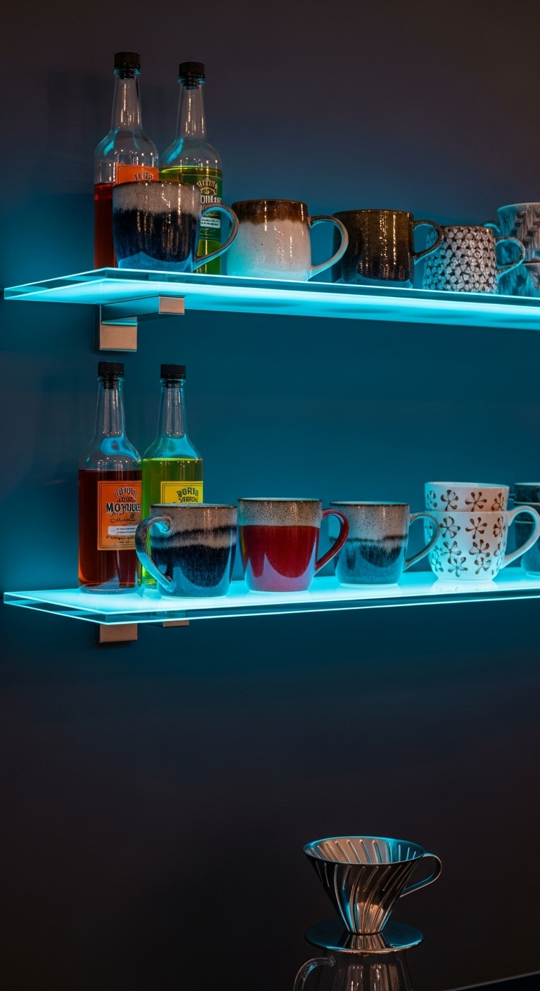 Illuminated glass shelves coffee bar with cool blue LED edge lighting artisanal ceramic mugs coffee syrup bottles