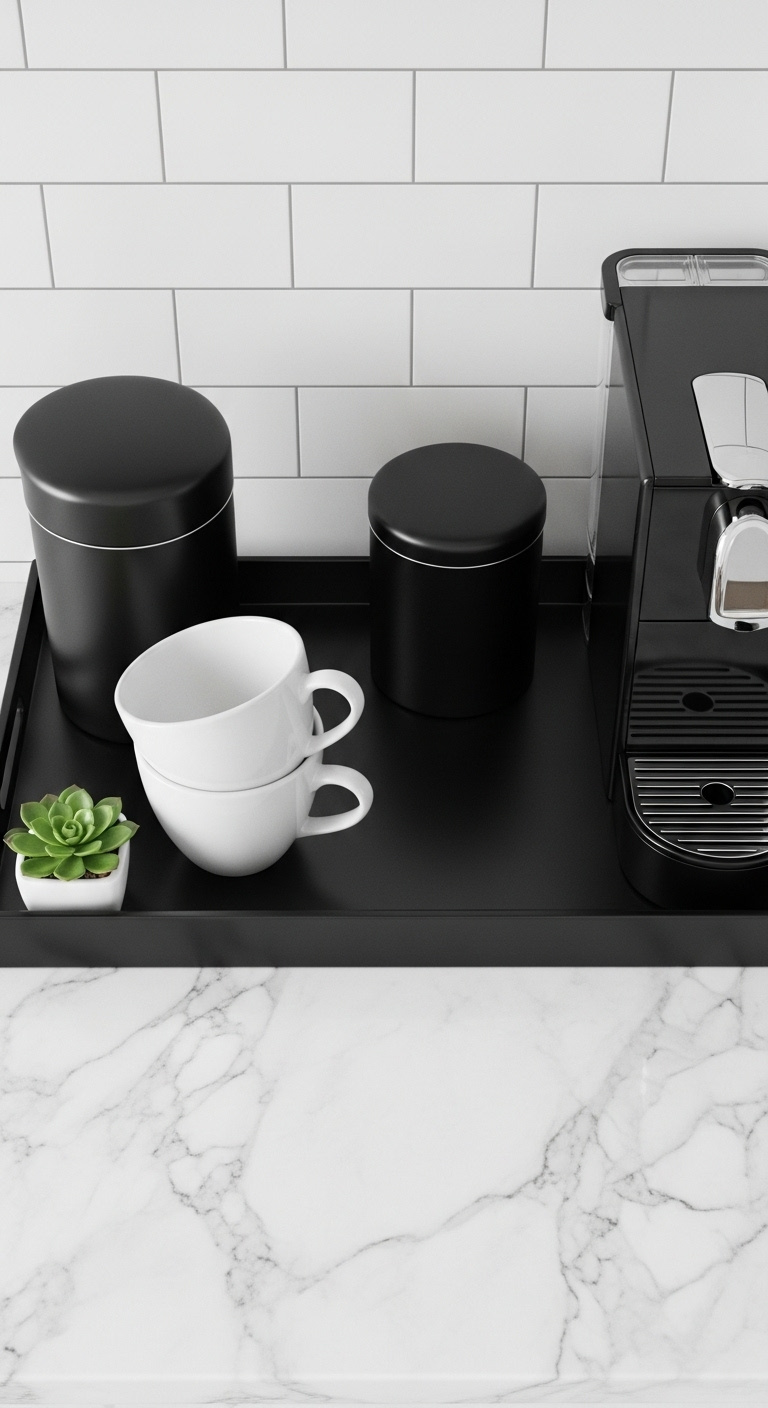 Impeccably organized coffee station on a matte black rectangular tray on a white marble countertop with espresso machine and mugs
