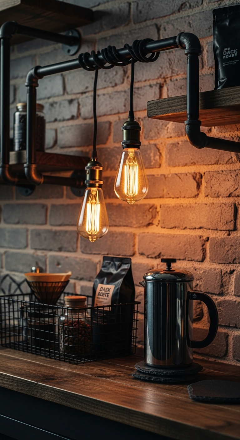 Industrial DIY pipe shelving coffee bar with glowing Edison bulbs reclaimed wood shelves black iron pipes French press slate coasters