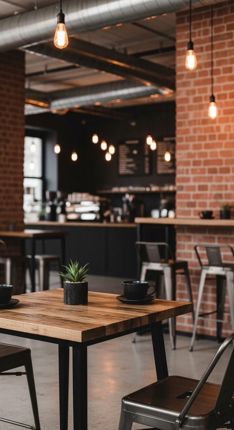 Industrial chic loft coffee shop interior with exposed brick walls metal ducts and rustic wood table with Edison bulbs