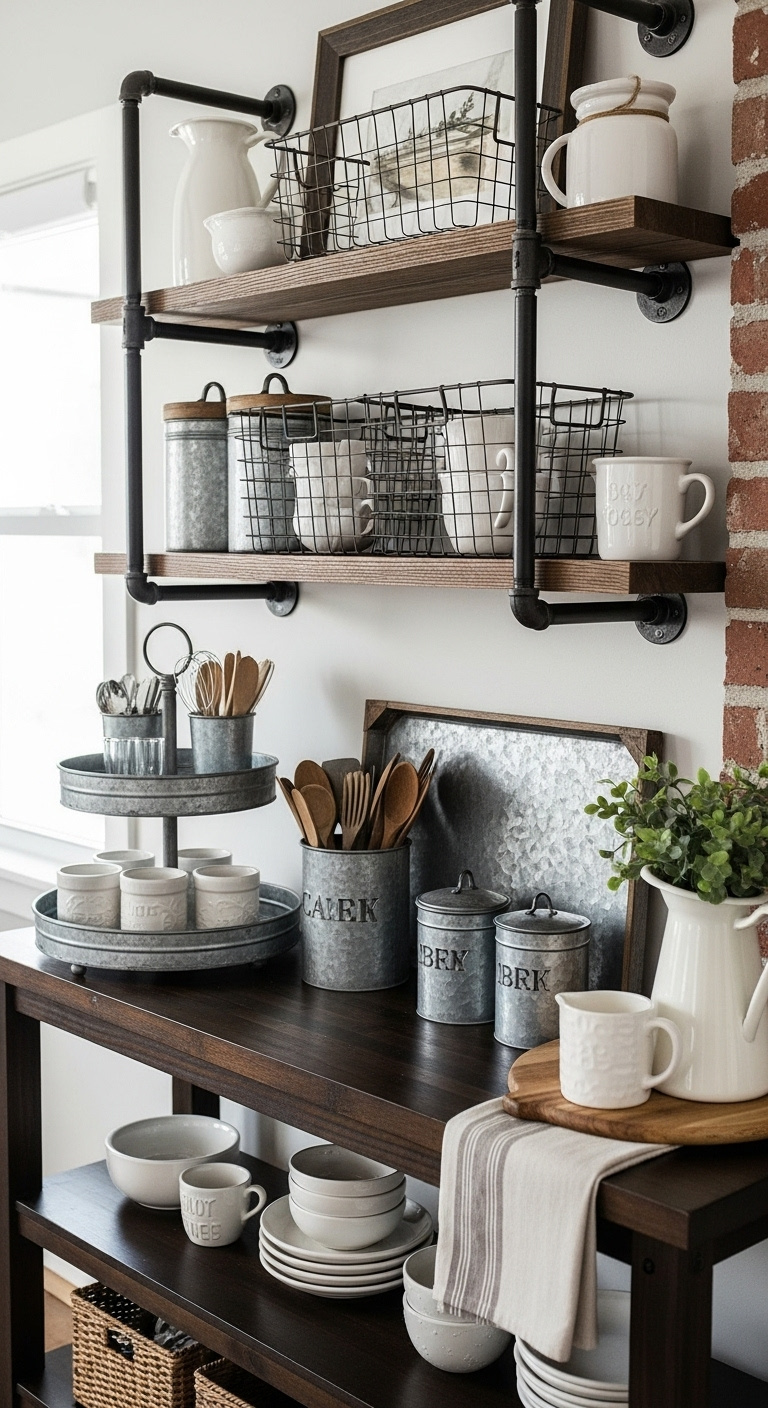 Industrial farmhouse coffee bar with dark wood countertop galvanized metal tiered tray pipe shelving and wire baskets