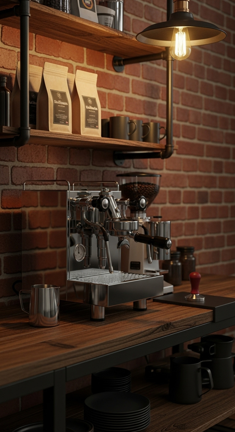Industrial office coffee bar with dark reclaimed wood chrome espresso machine and black metal pipe shelves
