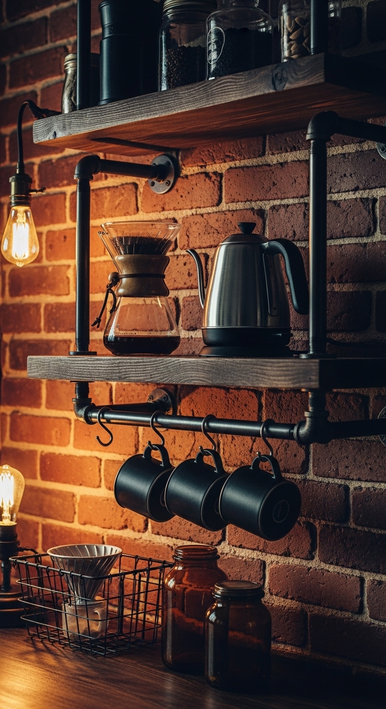 Industrial pipe and wood coffee bar with Chemex brewer, electric kettle, black metal mugs, and an Edison bulb on an exposed brick wall