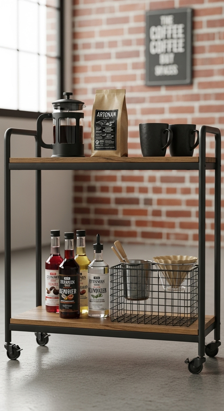 Industrial rolling coffee bar cart with matte black metal and rustic wood shelves holding a French press and coffee supplies
