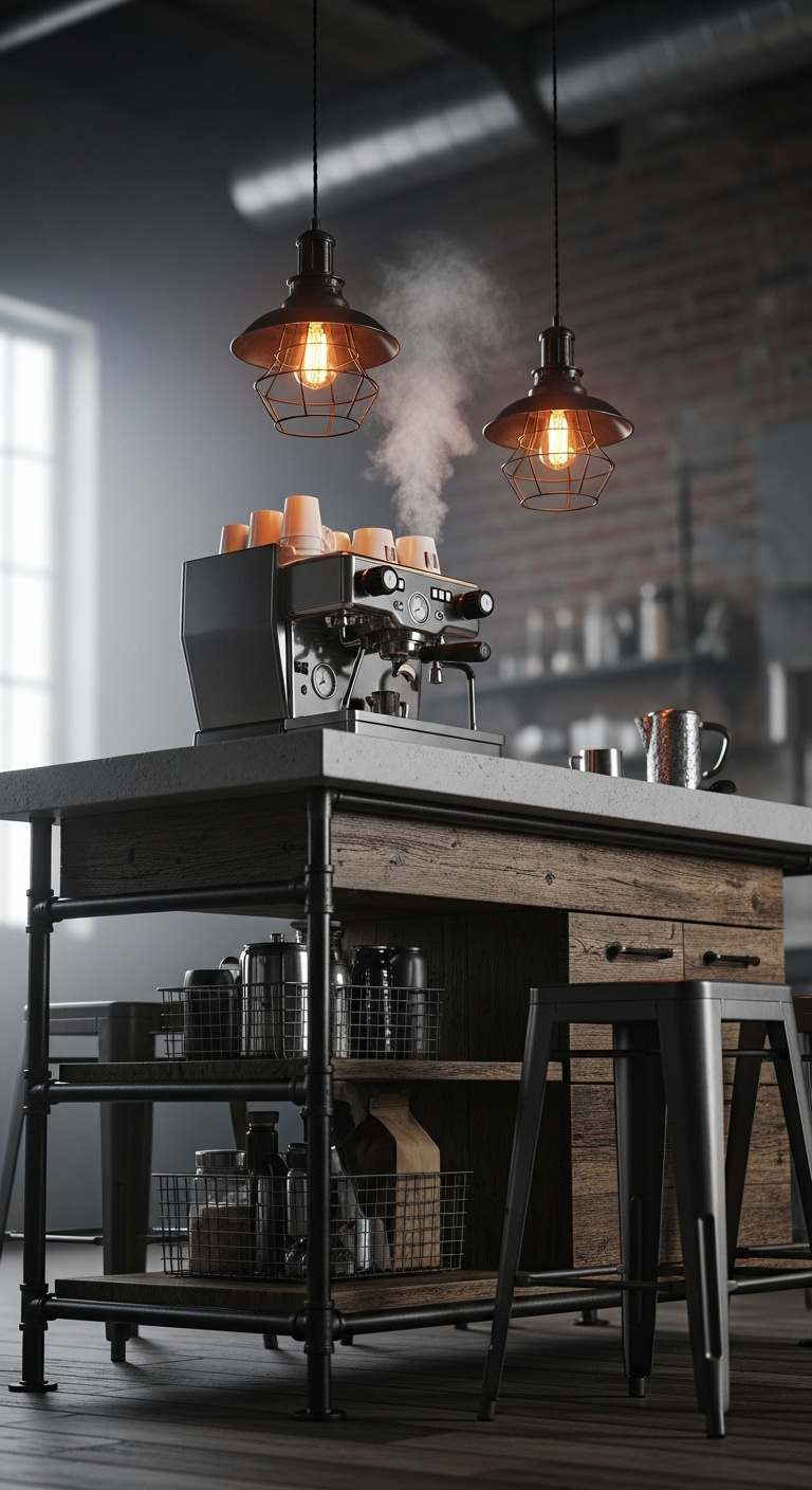 Industrial-style kitchen island with dark reclaimed wood black steel frame concrete top espresso machine and Edison bulb pendant lights