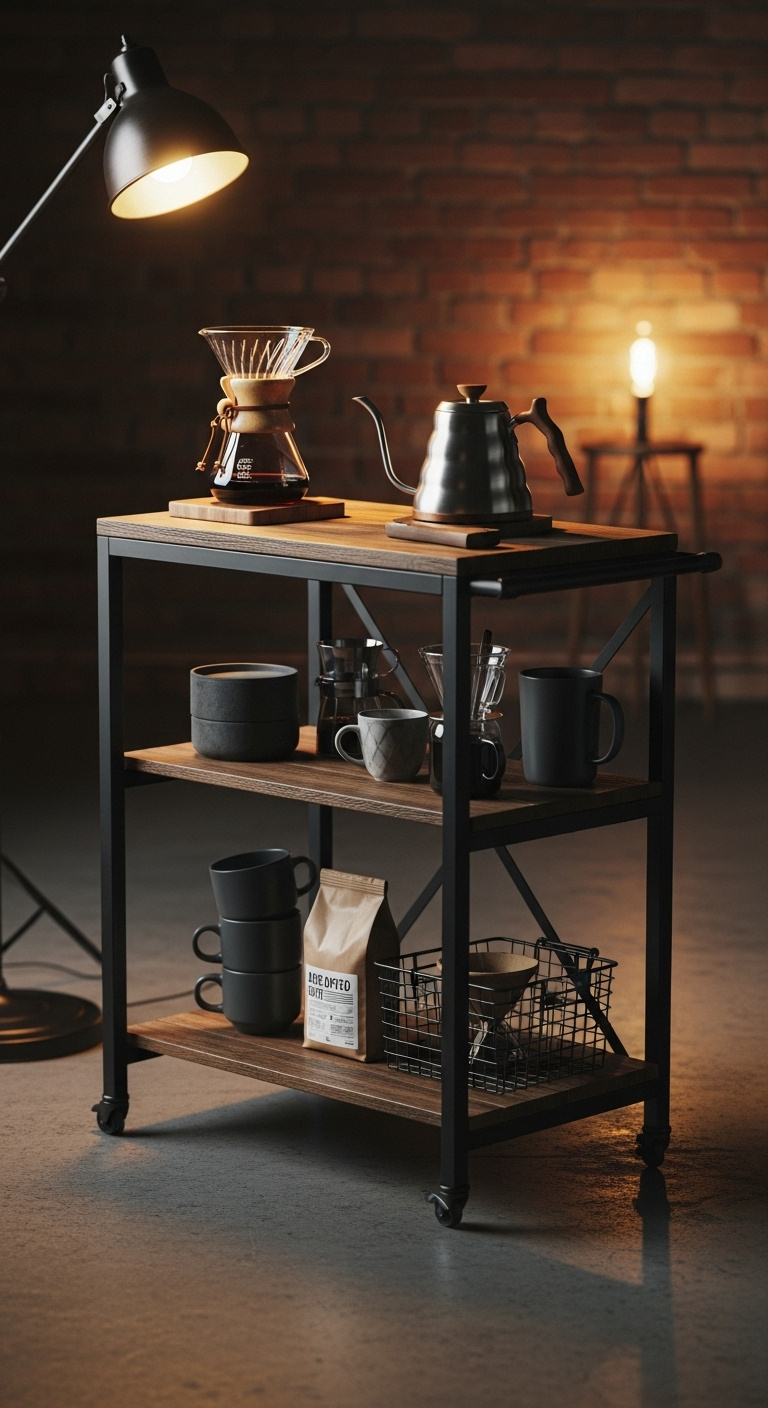 Industrial style rolling bar cart desk with matte black frame and rustic wood shelves holding a Chemex and gooseneck kettle