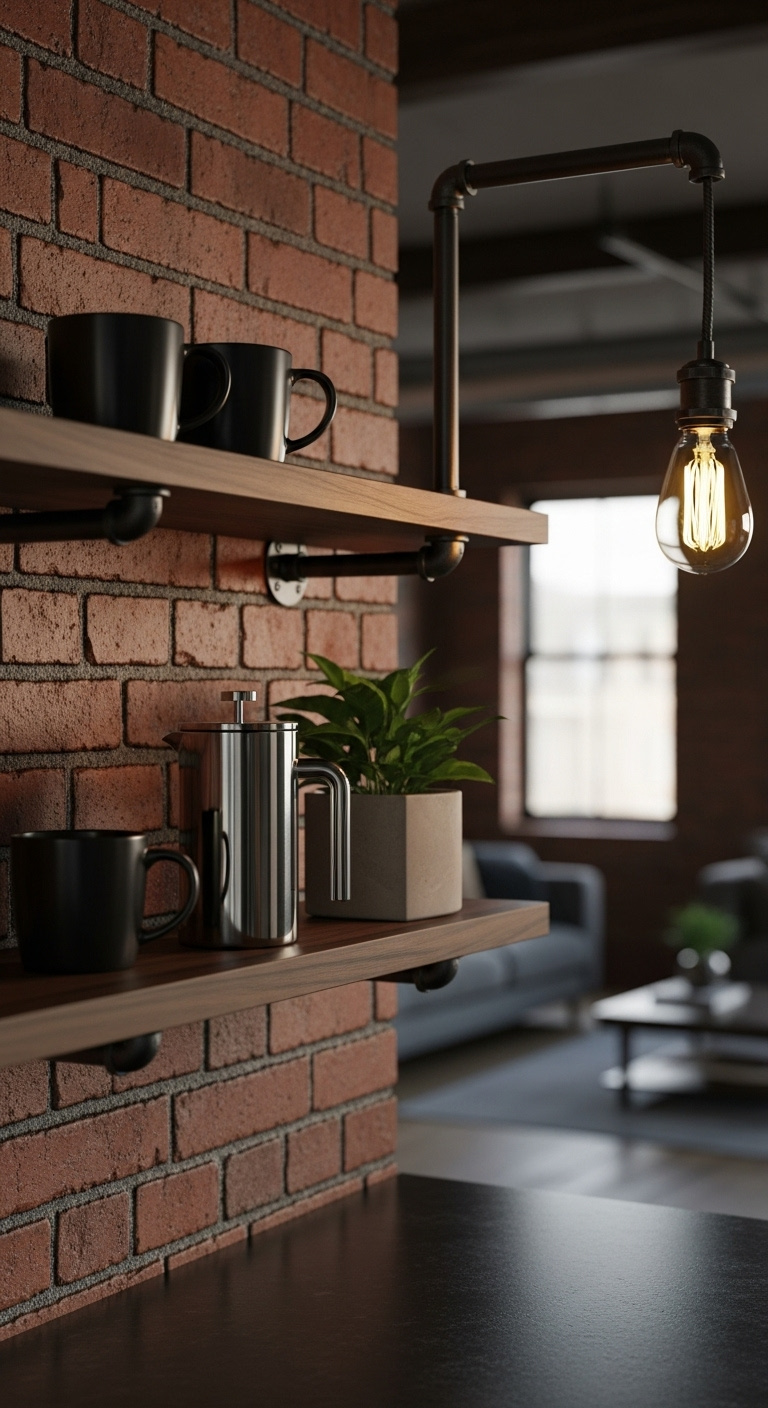 Industrial urban coffee station with dark walnut floating shelves, matte black mugs, and a French press against a red brick wall