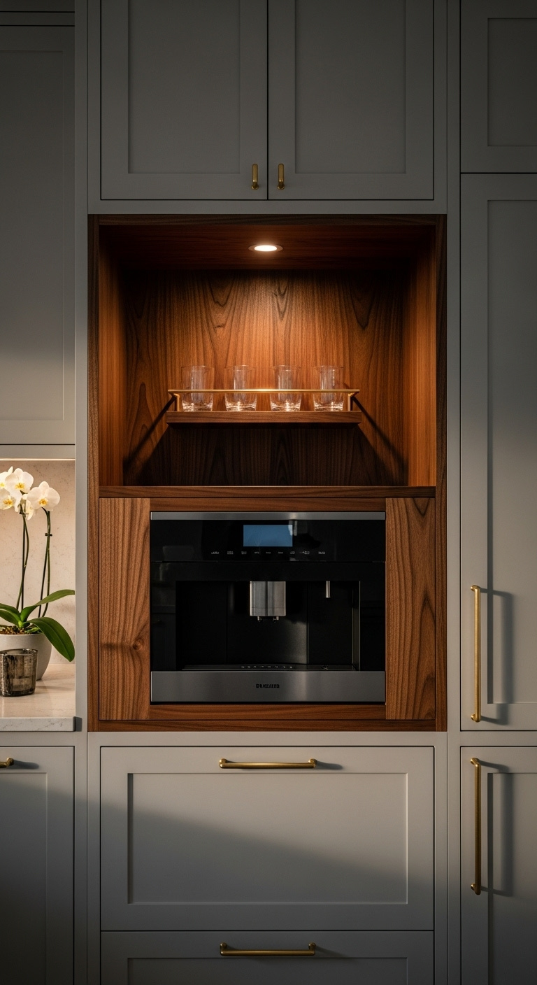 Integrated Japandi coffee nook with dark walnut wood built-in coffee machine floating shelf glassware and brass details