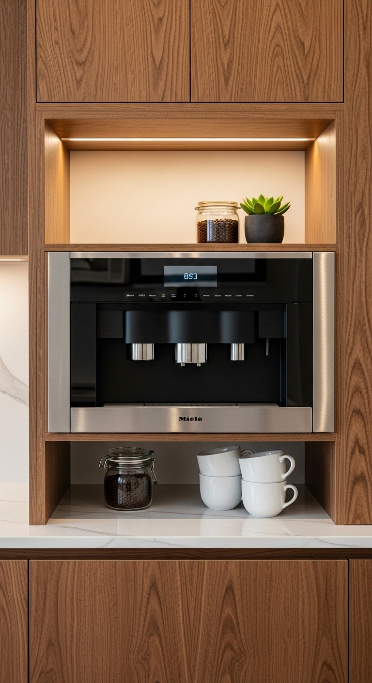Integrated built-in coffee nook with a Miele coffee maker in walnut cabinetry and white marble countertop