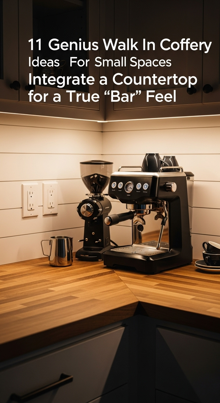 Integrated butcher block countertop in pantry with espresso machine grinder and electrical outlets