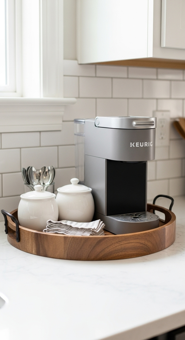 Integrated kitchen counter nook with large round wooden tray Keurig machine and white ceramic sugar bowl on quartz countertop