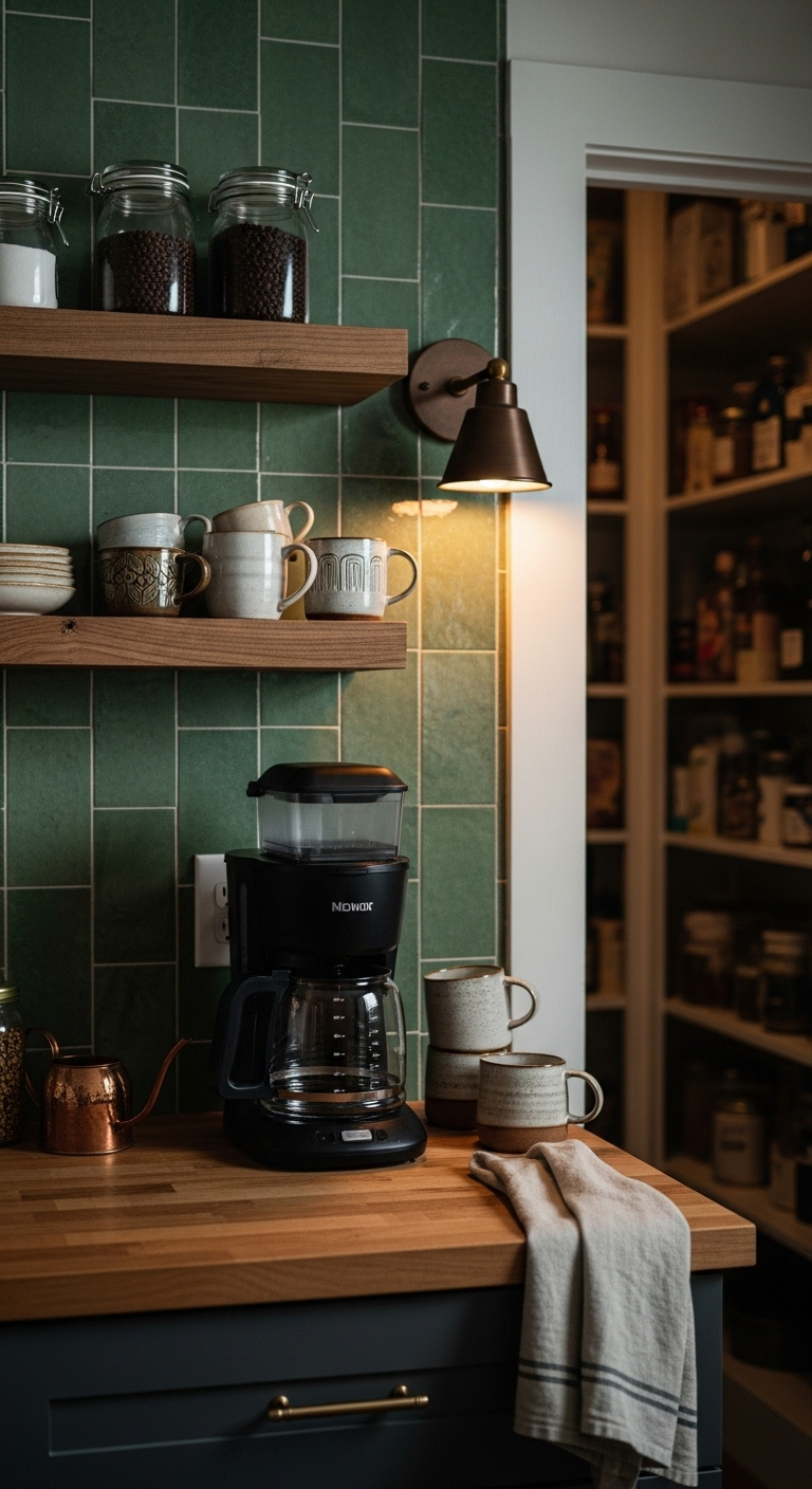 Integrated pantry nook coffee station with butcher block counter, green Zellige tile, and rustic floating shelves