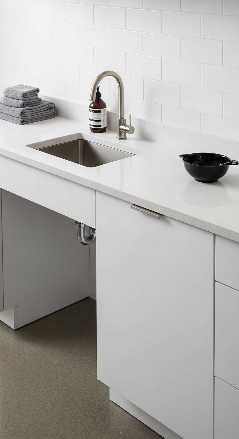 Integrated wet and dry hub salon mixing station with white quartz countertop undermount sink and minimalist cabinets