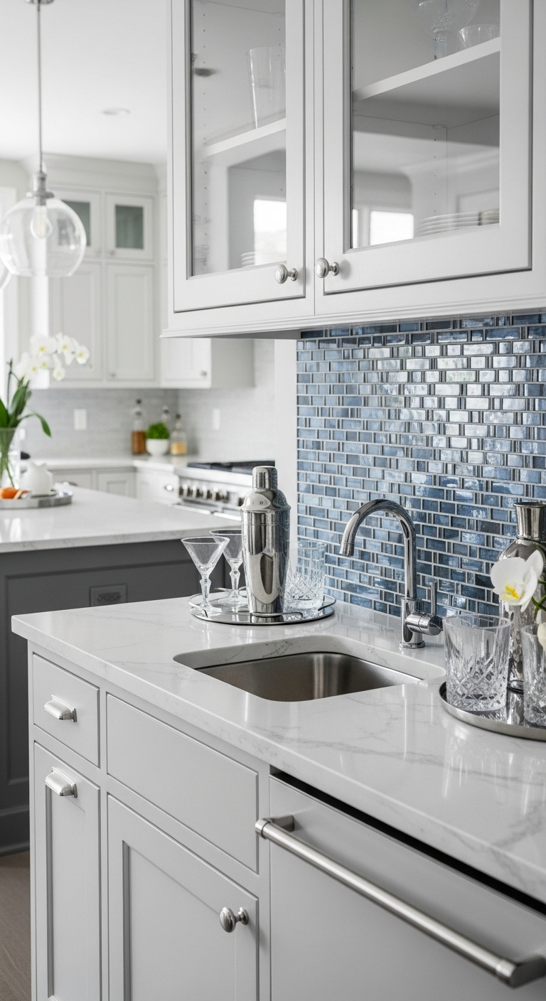 Integrated wet bar off kitchen with light gray cabinets, white quartz countertop, stainless steel sink, and blue mosaic tile backsplash