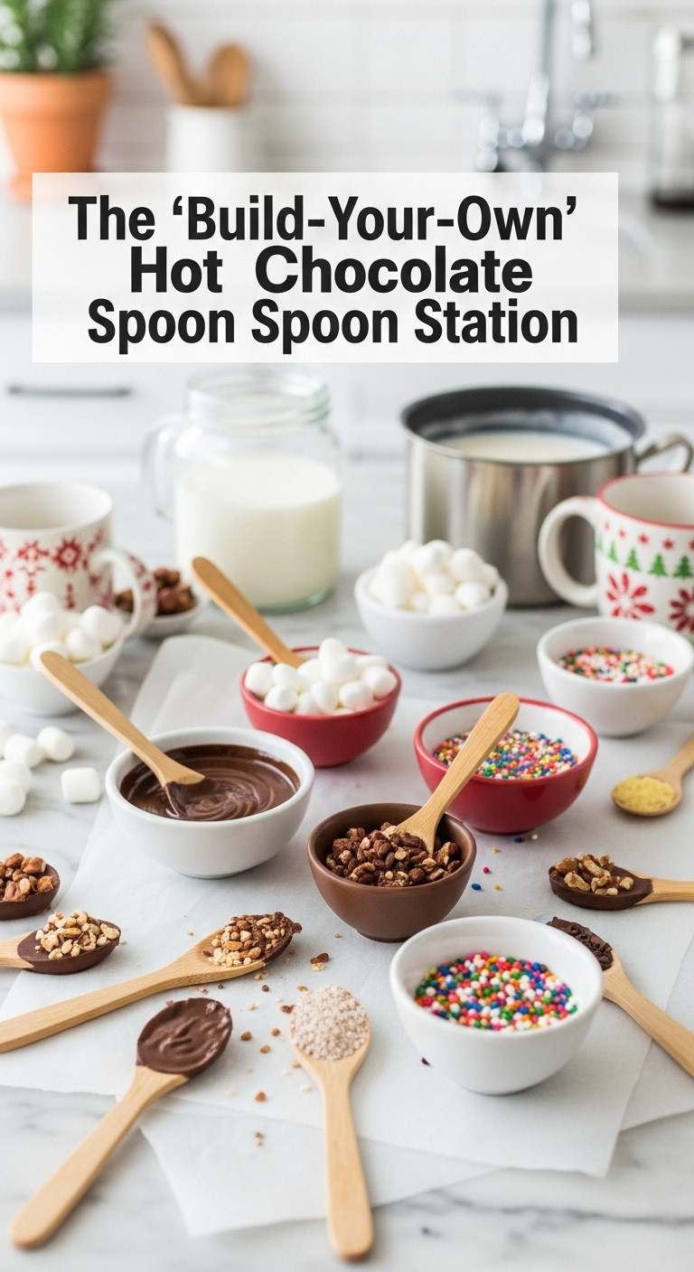 Interactive hot chocolate spoon station with melted chocolate wooden spoons and toppings like marshmallows sprinkles and nuts
