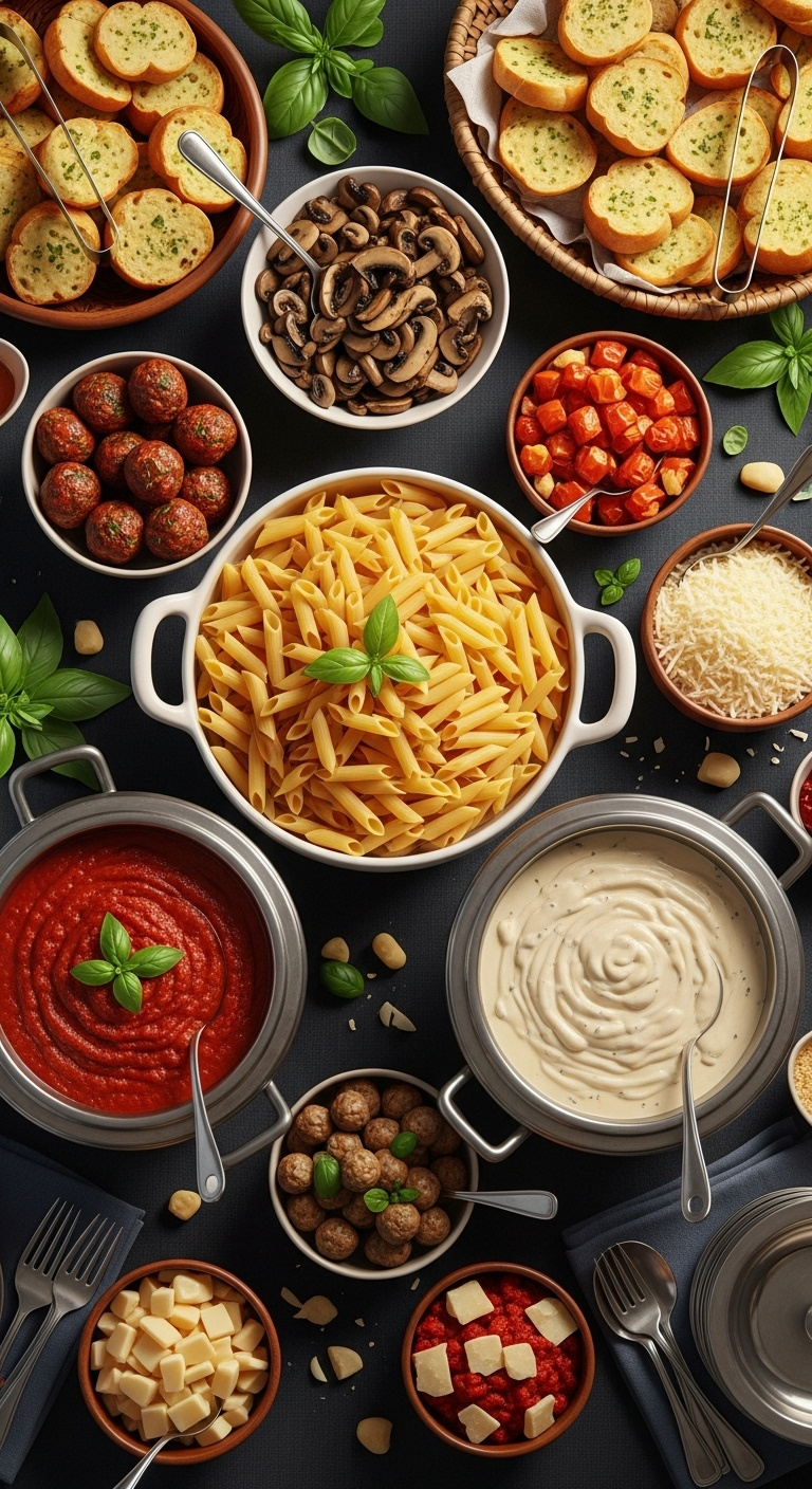 Interactive pasta bar with penne marinara alfredo meatballs mushrooms parmesan and garlic bread