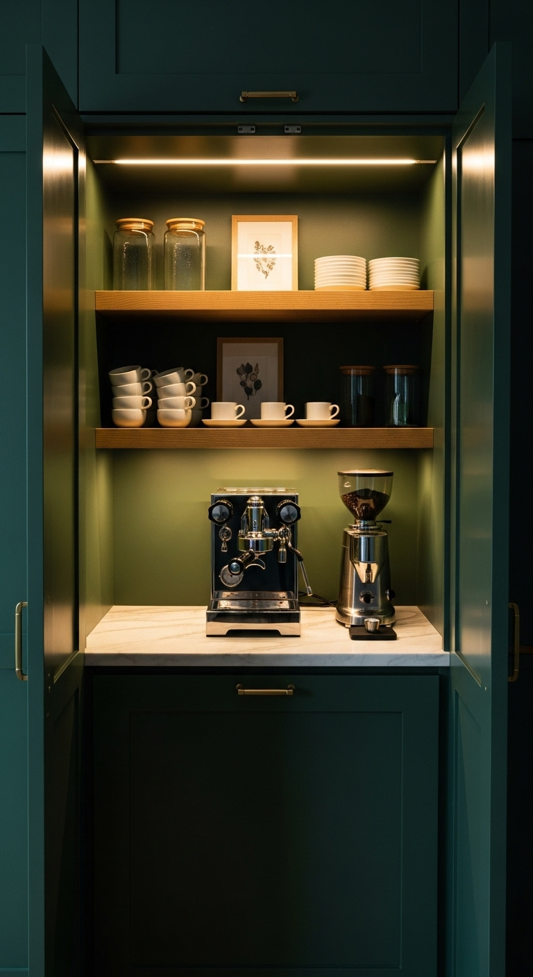 Interior of a custom kitchen cabinet converted into a hidden coffee bar with an espresso machine and oak floating shelves