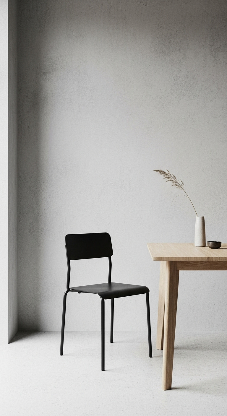 Japandi cafe design with minimalist light-oak table black metal chair and textured light-gray limewash wall on a polished concrete floor