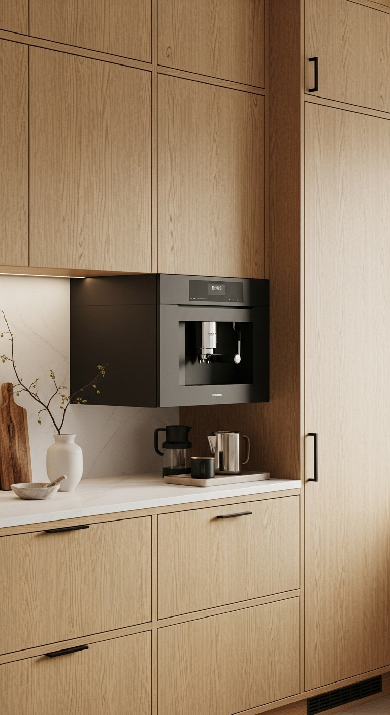 Japandi inspired cabinetry and appliances featuring light oak flat panel cabinets matte black built in espresso machine and minimalist accessories