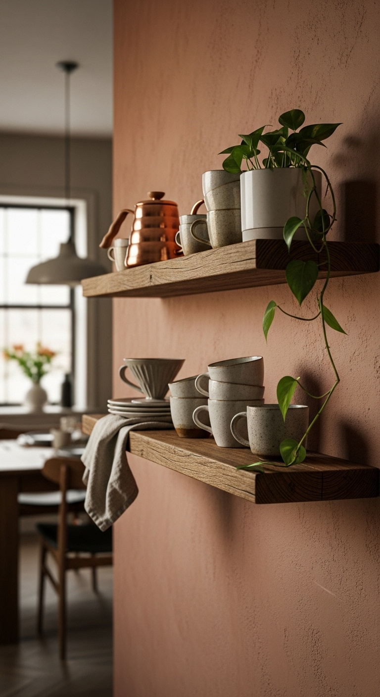 Japandi open shelving with earthy tones featuring reclaimed wood shelves ceramic mugs copper kettle and a pothos plant