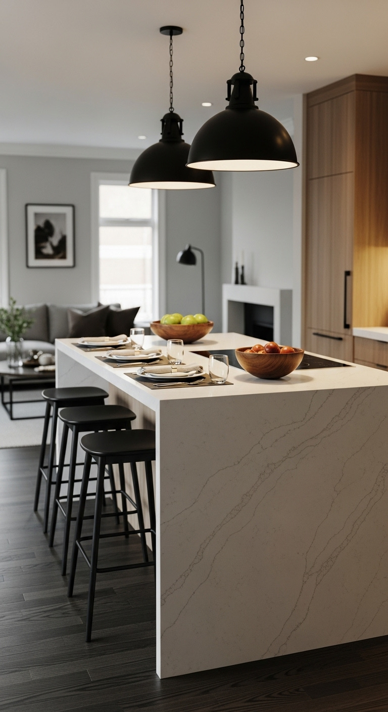 Kitchen island as smart divider with quartz countertop and bar stools separating kitchen from living area