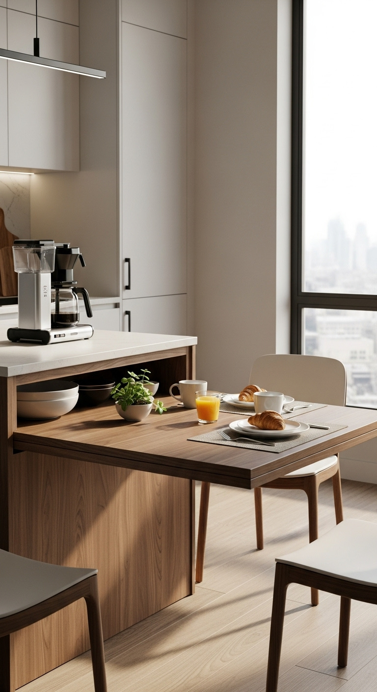 Kitchen island with integrated walnut wood dining table coffee maker and breakfast setting for two