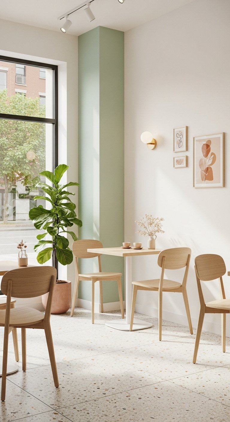 Korean aesthetic mini cafe interior with creamy white walls, light wood furniture, pastel sage green accent wall, and terrazzo floor
