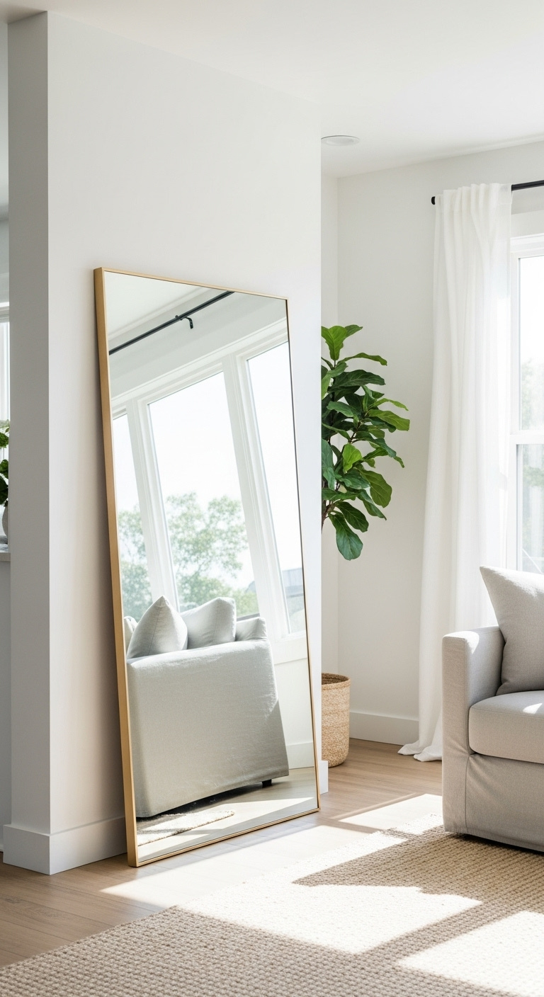Large gold-framed mirror maximizing light and space in living area next to bright kitchen