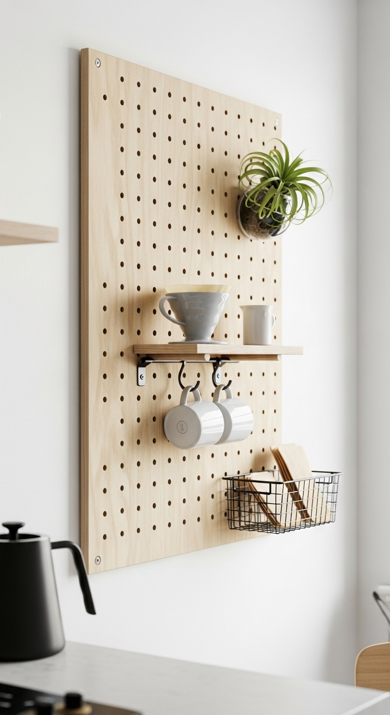 Large light colored plywood pegboard coffee wall with pour over dripper white mugs and coffee filters in a minimalist room