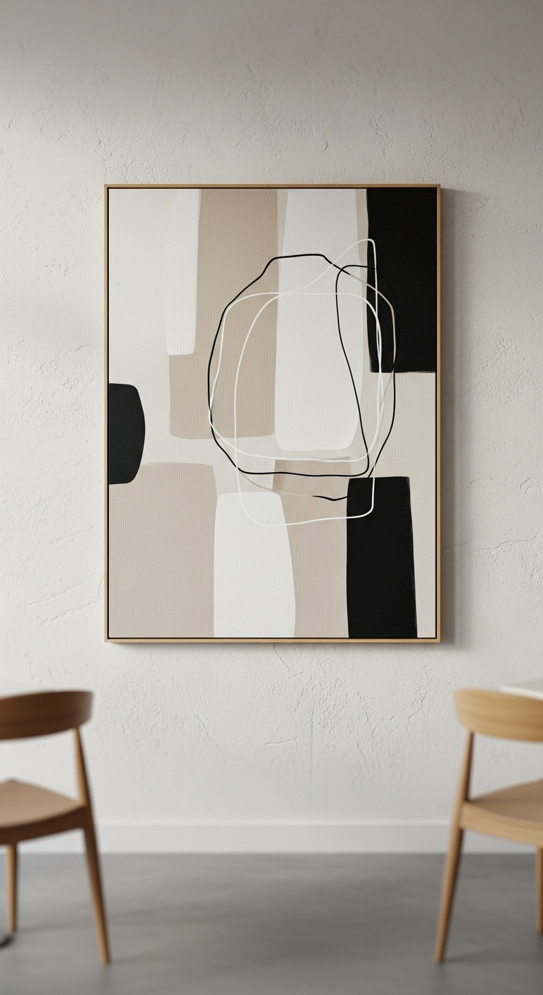 Large minimalist abstract painting in neutral colors beige white and black on a textured off-white wall in a coffee shop