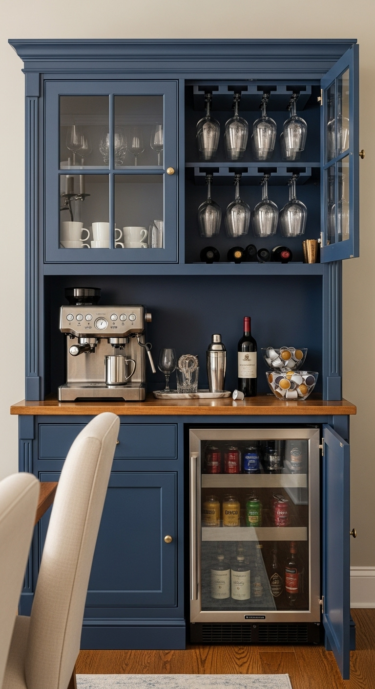 Large navy blue china cabinet transformed into an all in one beverage center with coffee station wine rack and mini fridge