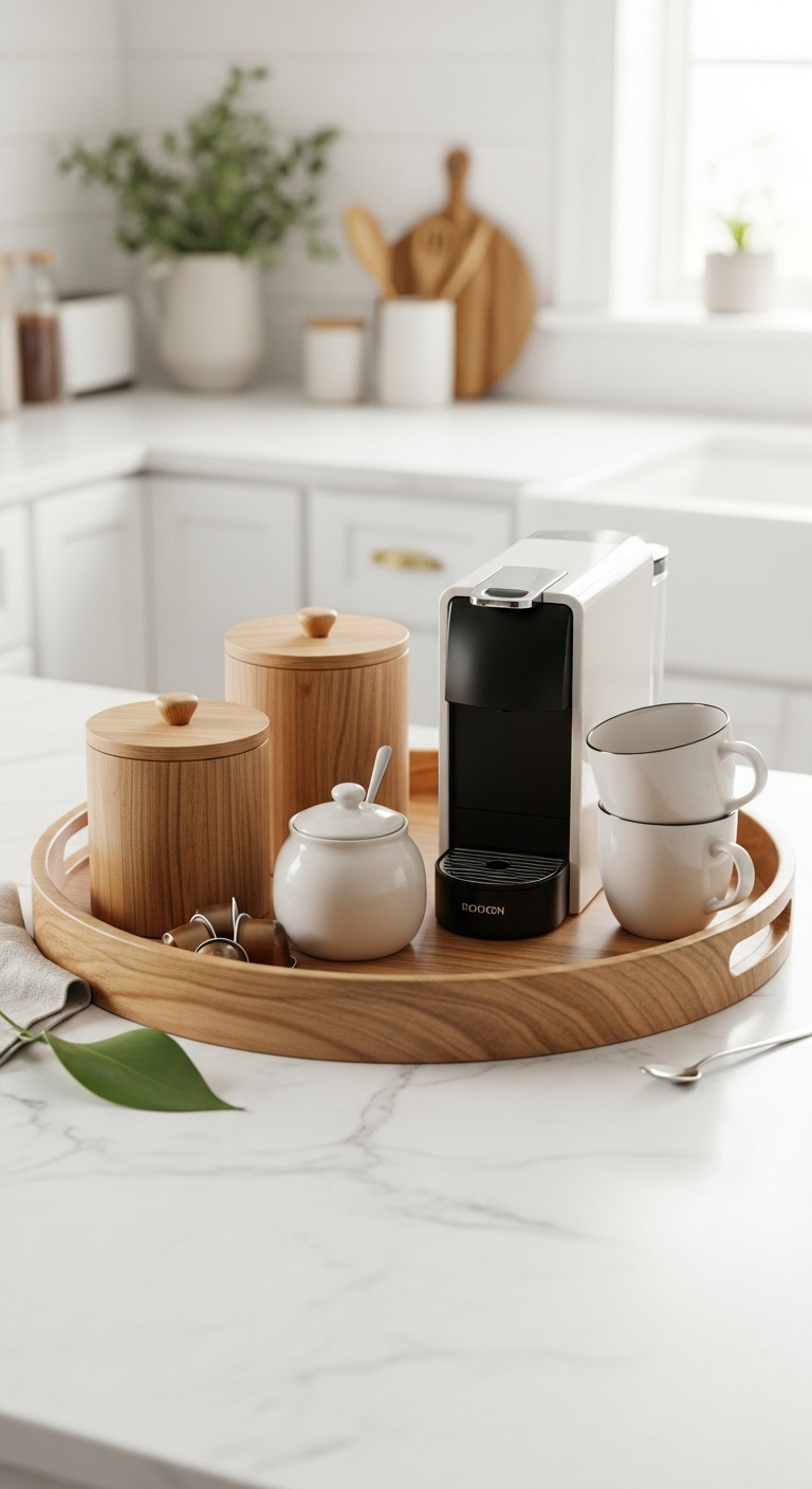 Large round wooden tray on a white kitchen counter corralling a single-serve coffee machine and mugs
